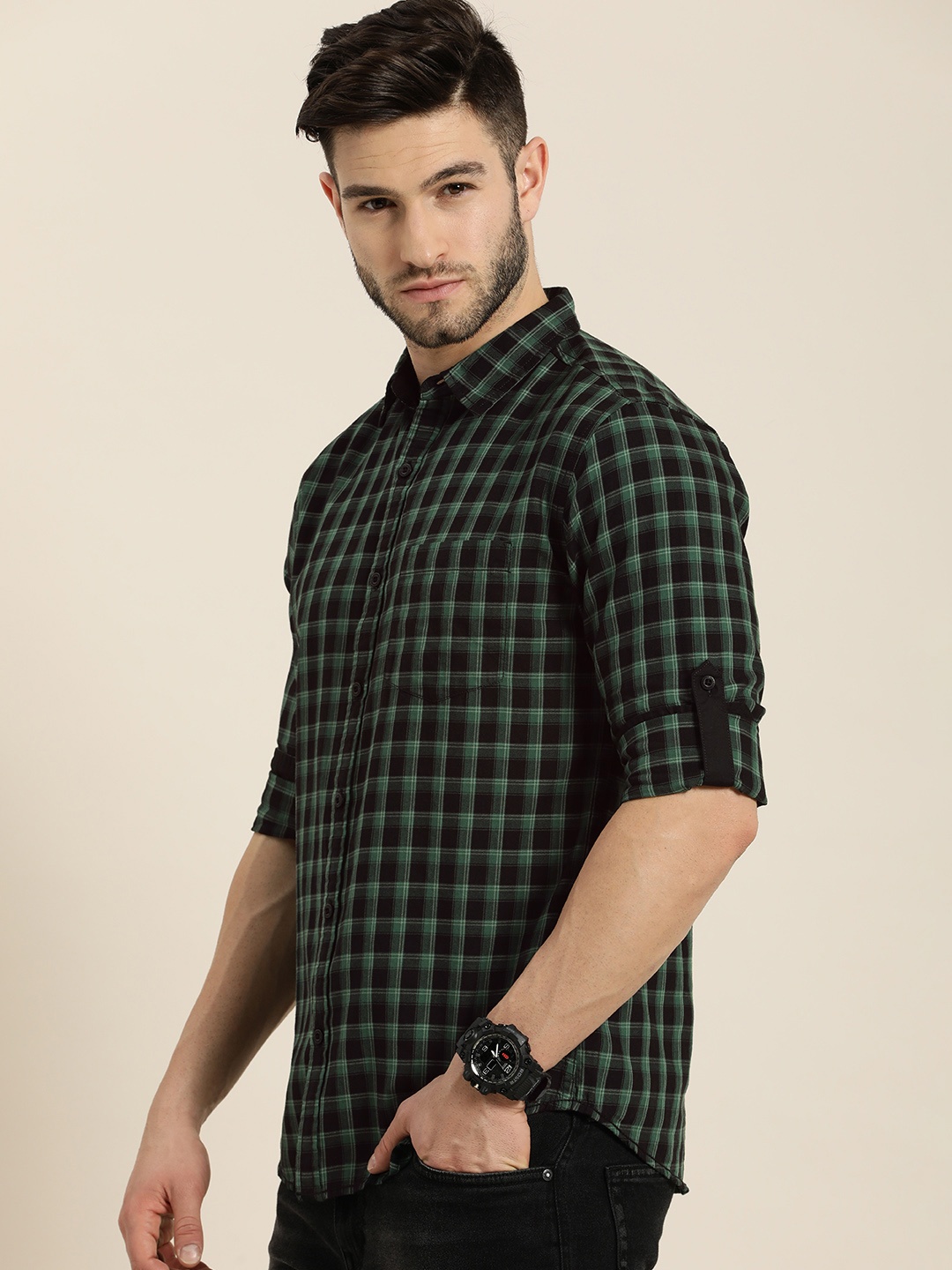 

Moda Rapido Men Green Slim Fit Windowpane Checked Opaque Pure Cotton Casual Shirt