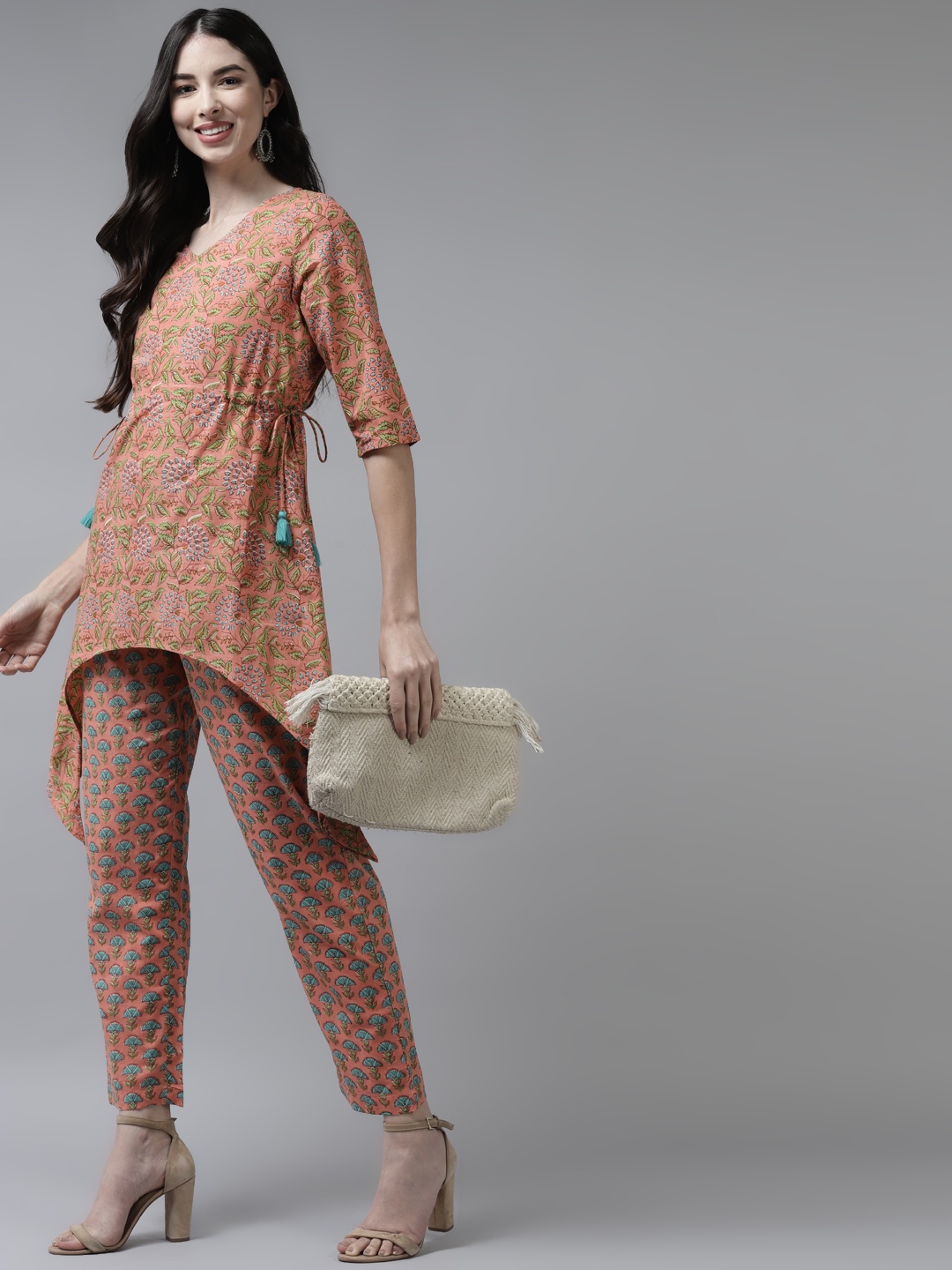 Amirah s Women Peach-Coloured Printed Regular Pure Cotton Kurti with Trousers
