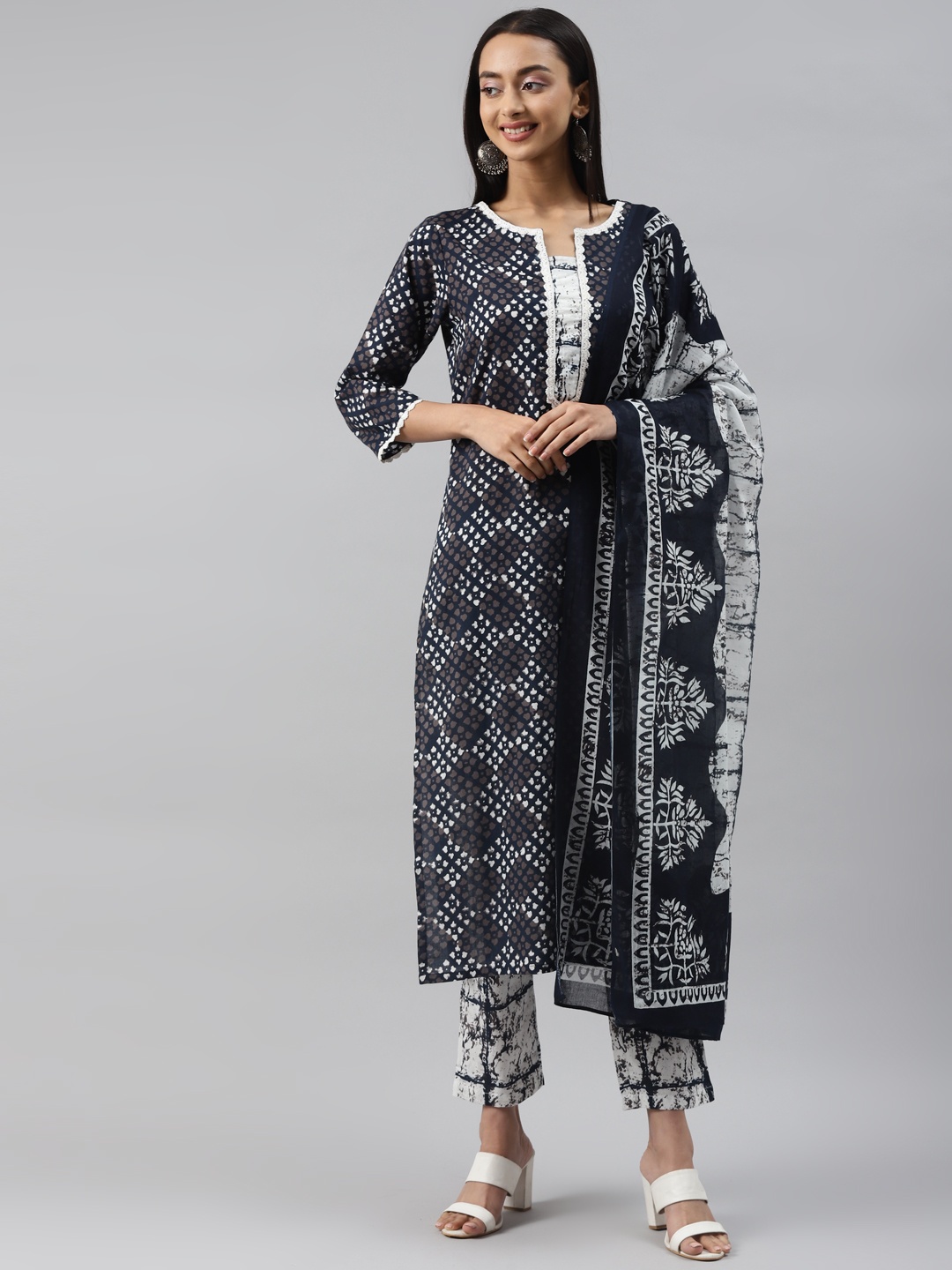 

Yuris Women Navy Blue Printed Regular Pure Cotton Kurta with Trousers & With Dupatta