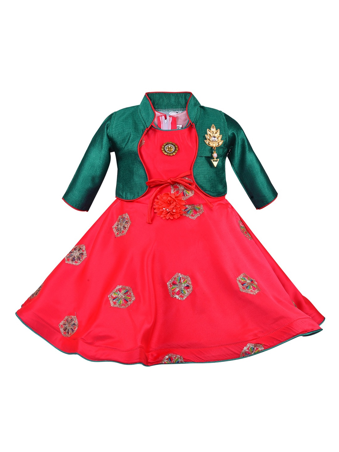 

Wish Karo Red & Teal Green Embellished Satin Dress with Jacket