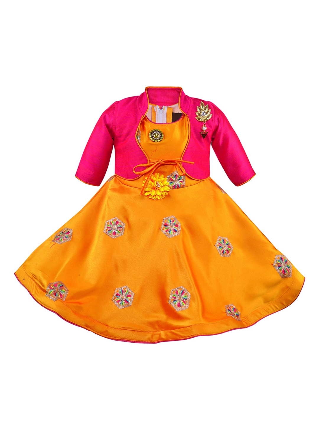 

Wish Karo Mustard Yellow & Pink Floral Silk Dress With Jacket