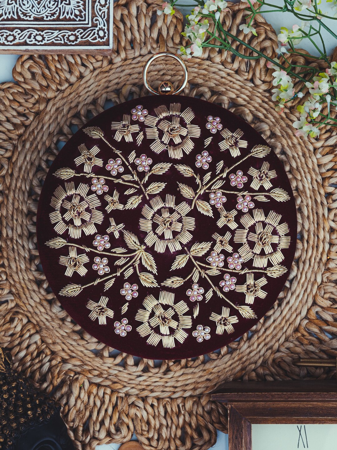 

NR By Nidhi Rathi Maroon & Gold-Toned Embroidered Box Clutch