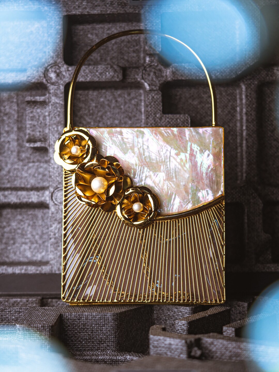 

NR By Nidhi Rathi Gold-Toned & White Embellished Box Clutch