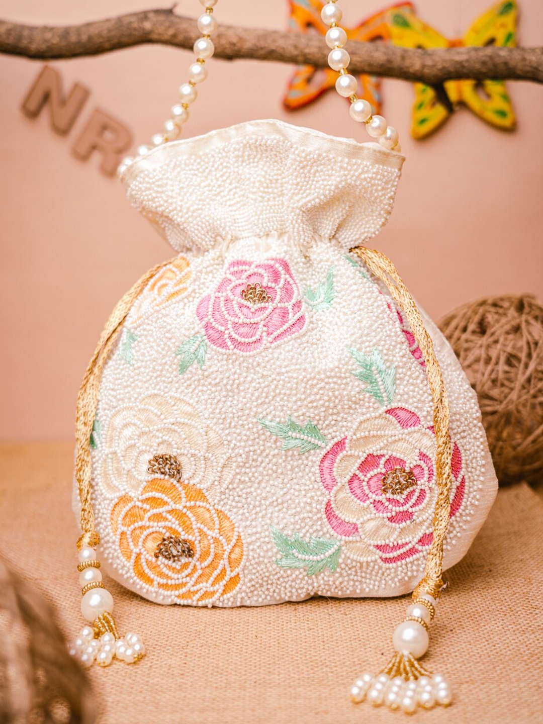 

NR By Nidhi Rathi Women White Embroidered Potli Bag