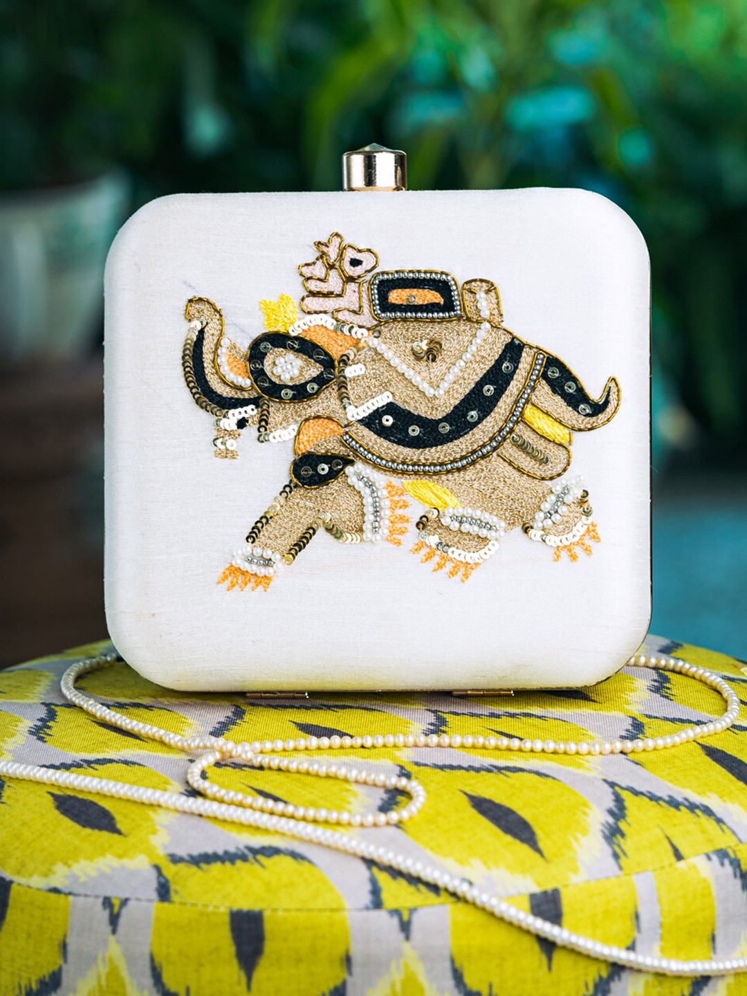 

NR By Nidhi Rathi White & Gold-Toned Embroidered Box Clutch