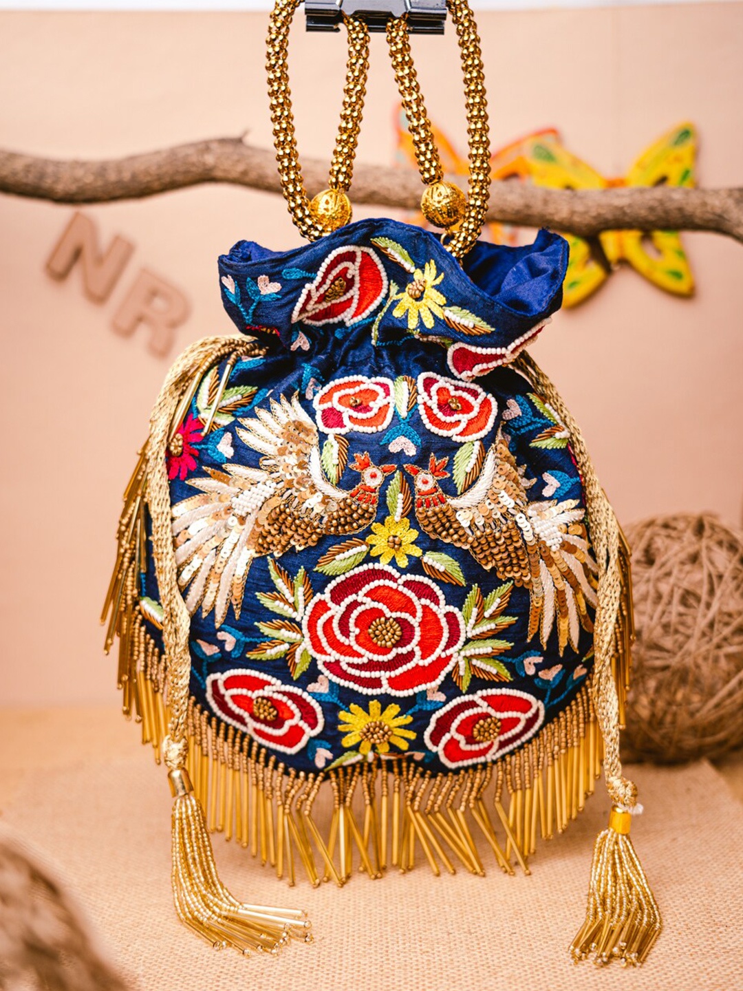 

NR By Nidhi Rathi Navy Blue & Gold-Toned Arabian Embroidered Potli Clutch