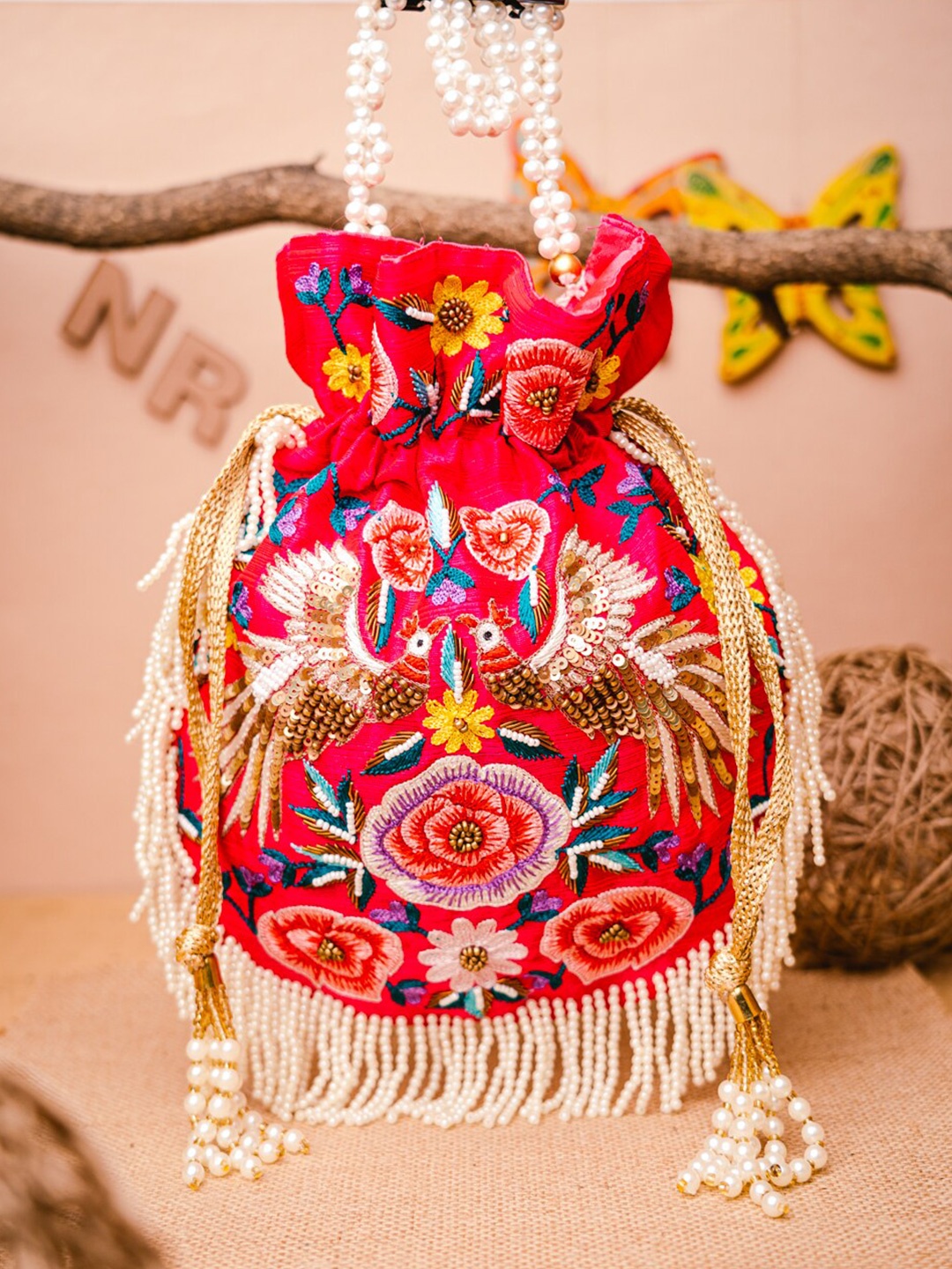 

NR By Nidhi Rathi Pink & Purple Embroidered Potli Clutch