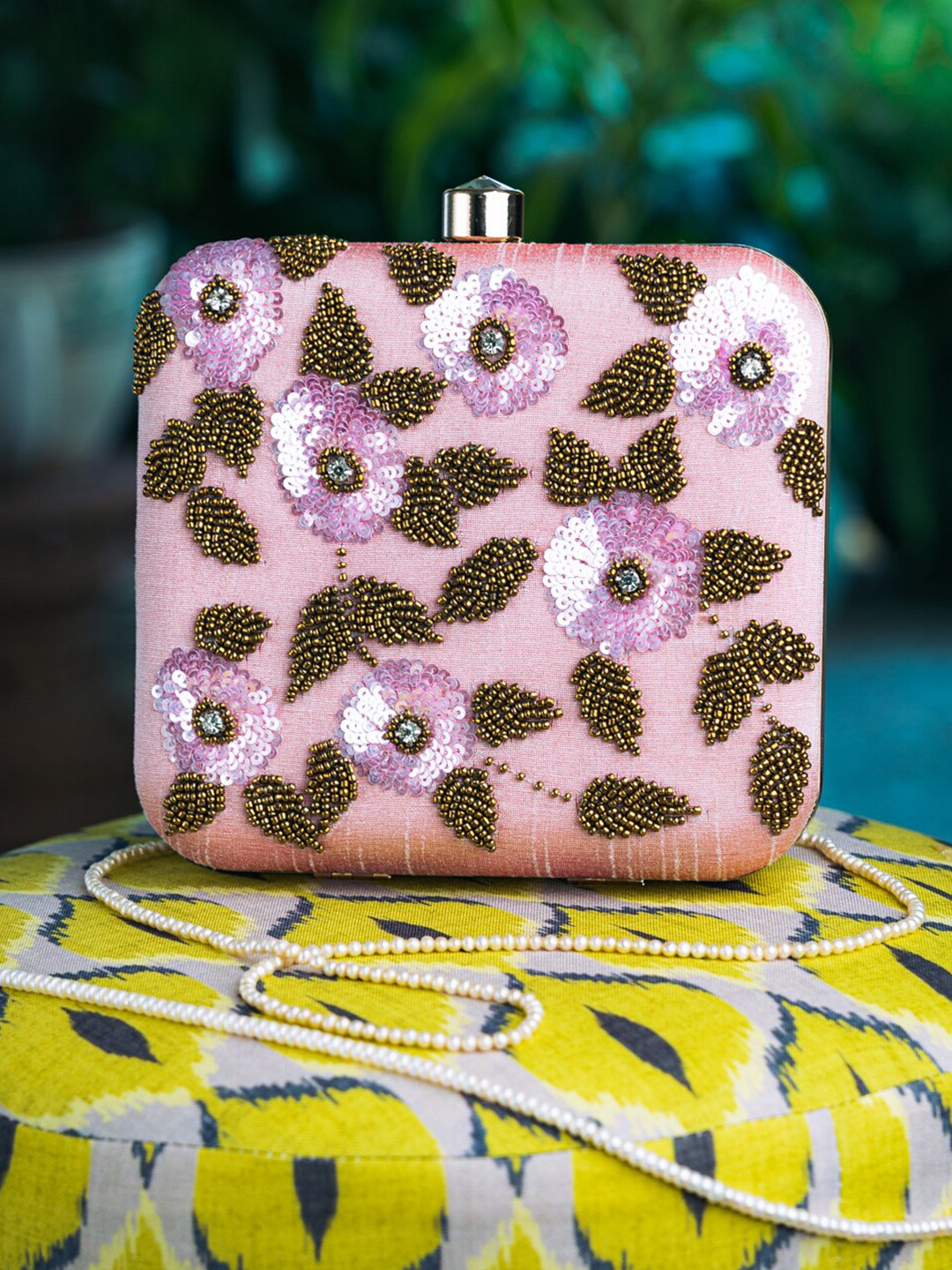 

NR By Nidhi Rathi Rose & Gold-Toned Embroidered Box Clutch