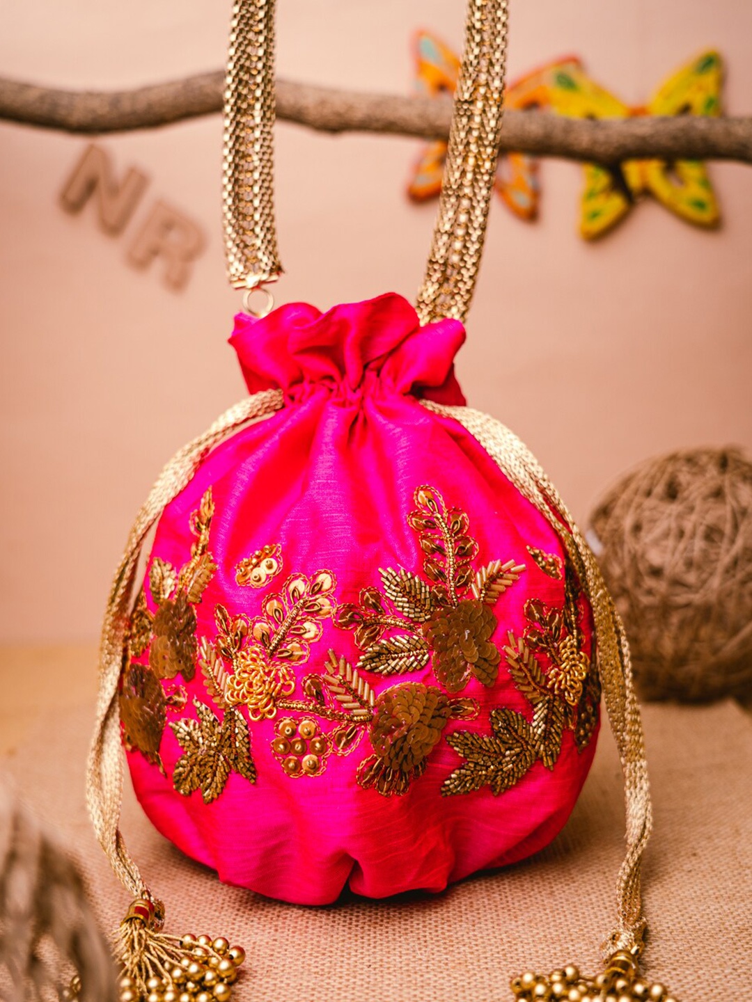 

NR By Nidhi Rathi Pink & Gold-Toned Embroidered Potli Clutch