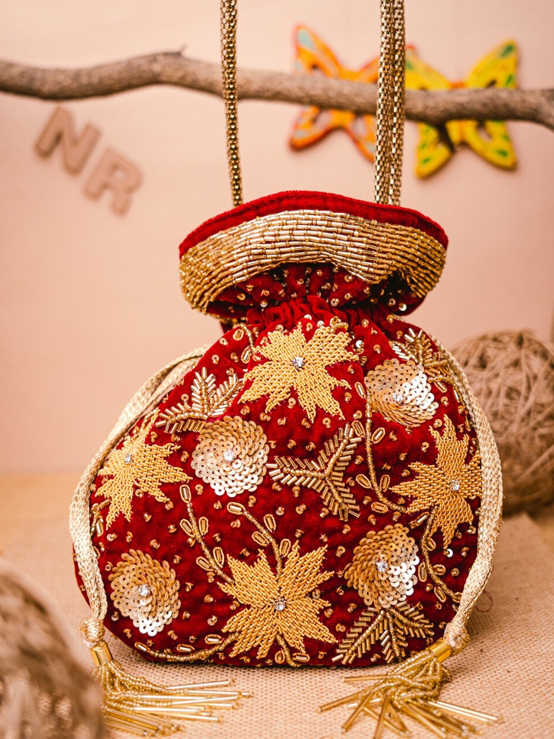 

NR By Nidhi Rathi Women Maroon & Gold-Tone Embroidered Potli Bag