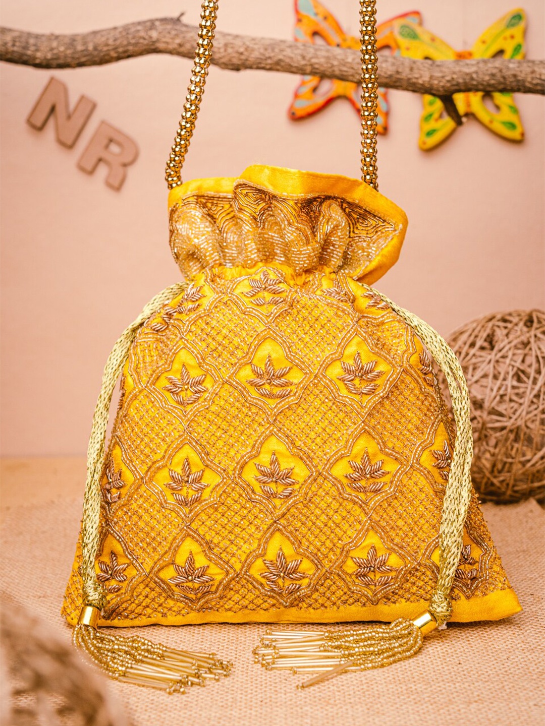 

NR By Nidhi Rathi Women Yellow Embroidered Potli Bag