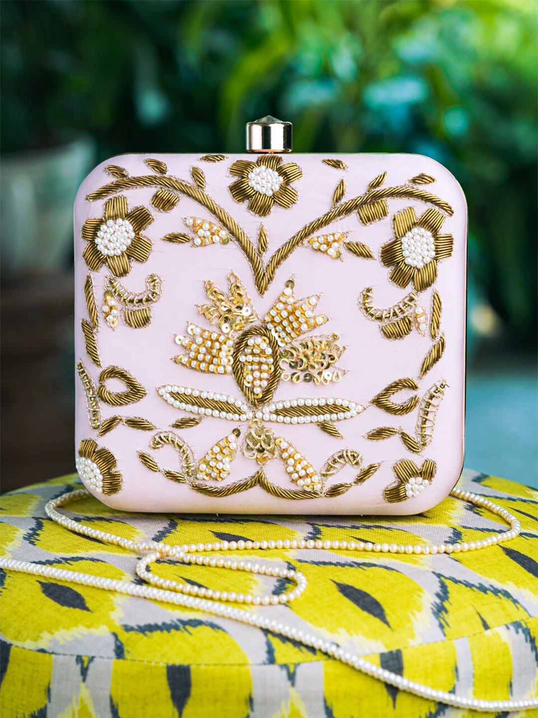 

NR By Nidhi Rathi Women Pink & Gold-Toned Embroidered Box Clutch