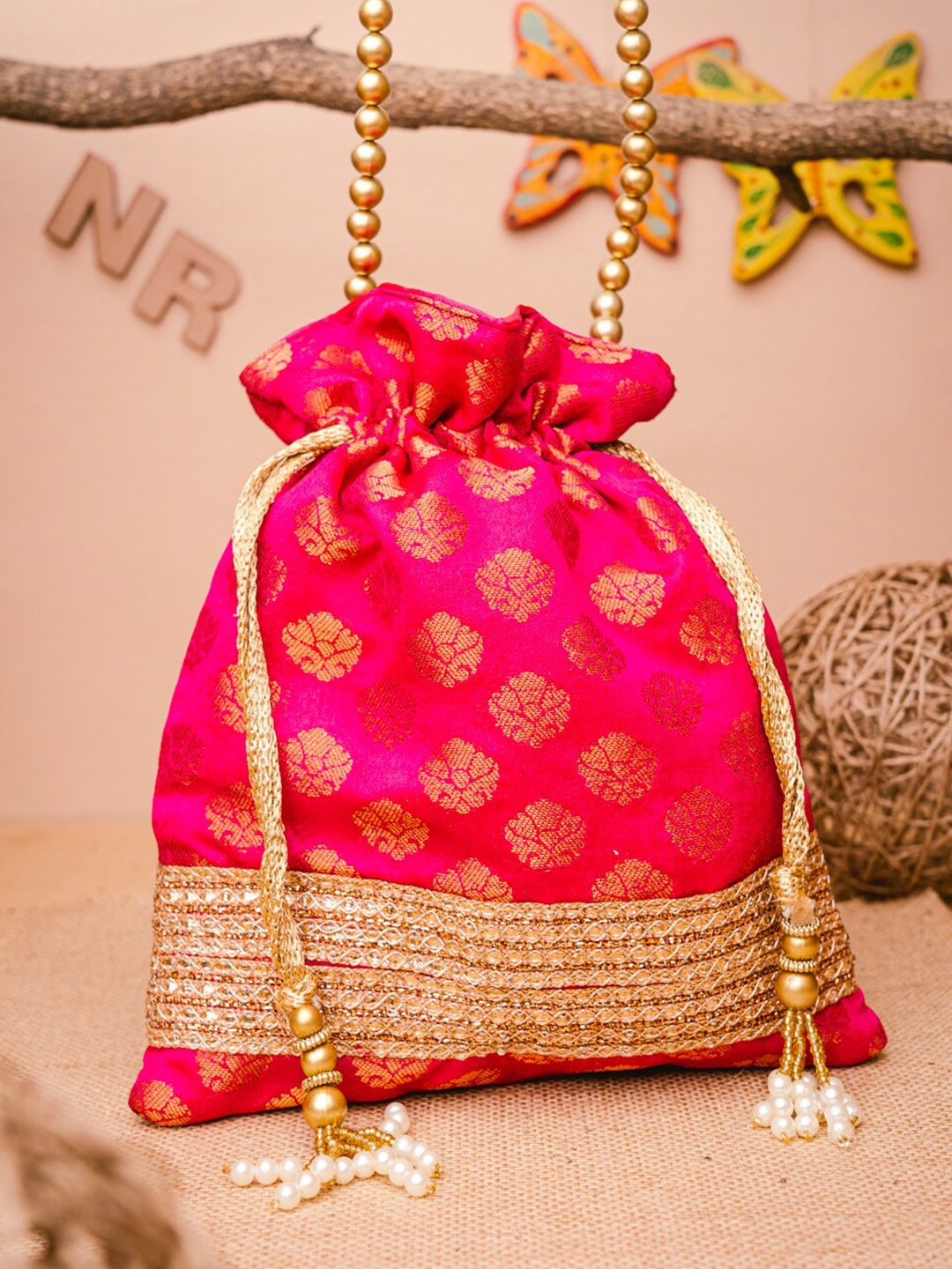 

NR By Nidhi Rathi Pink & Gold-Toned Embroidered Potli Clutch
