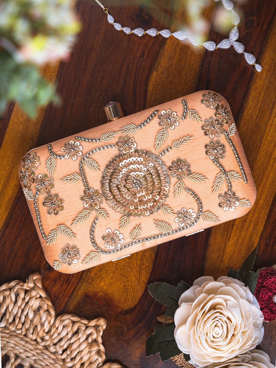 

NR By Nidhi Rathi Peach-Coloured & White Embroidered Box Clutch