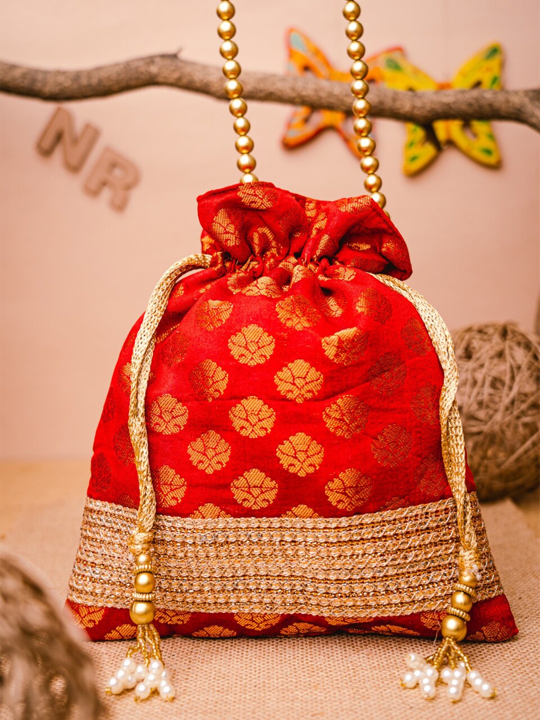 

NR By Nidhi Rathi Red & Gold-Toned Embroidered Potli Clutch