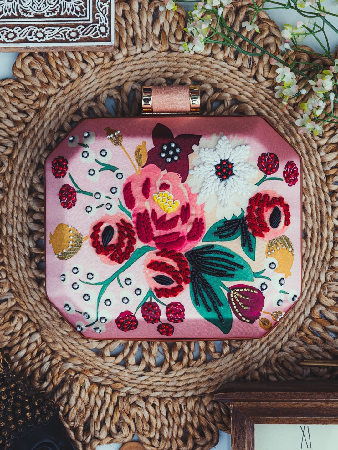 

NR By Nidhi Rathi Pink & White Embellished Box Clutch