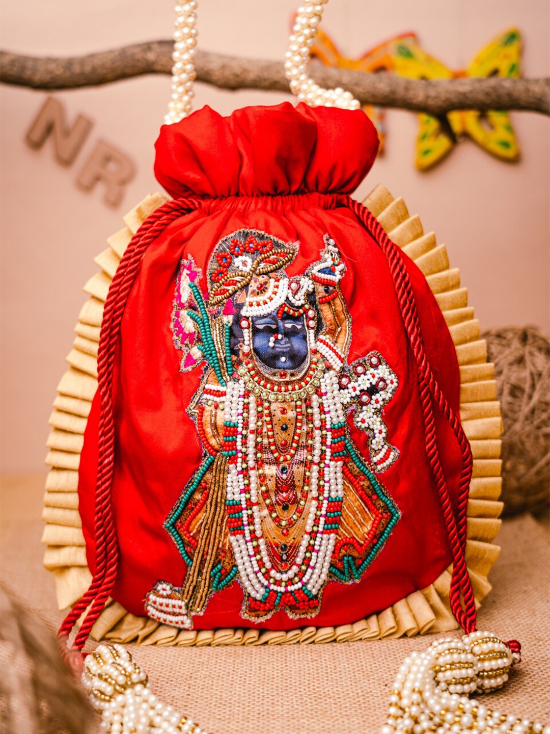 

NR By Nidhi Rathi Red & White SHRINATHJI Embroidered Potli Clutch