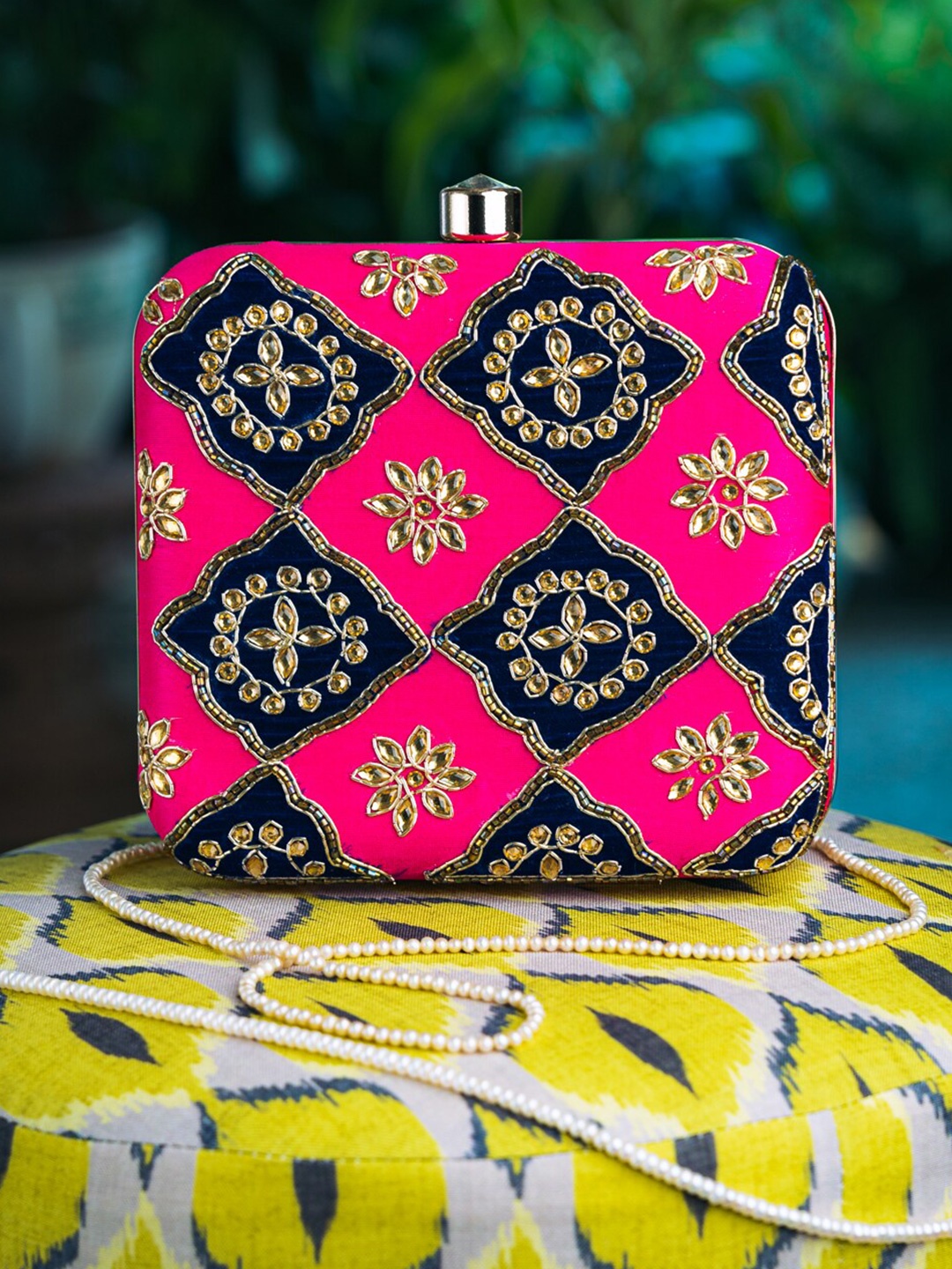 

NR By Nidhi Rathi Pink & Navy Blue Embroidered Embellished Box Clutch With Metal Strap
