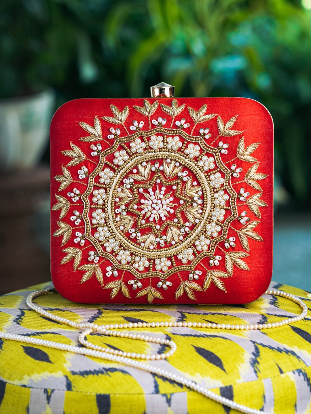 

NR By Nidhi Rathi Red & Gold-Toned Mandala Hand Embroidered Box Clutch