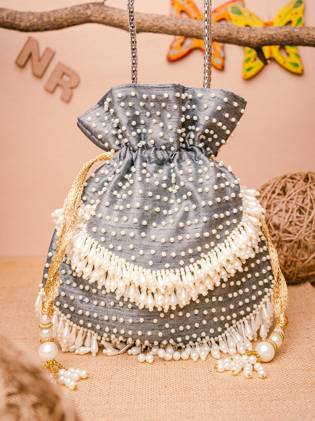 

NR By Nidhi Rathi Grey & White Embroidered Potli Clutch