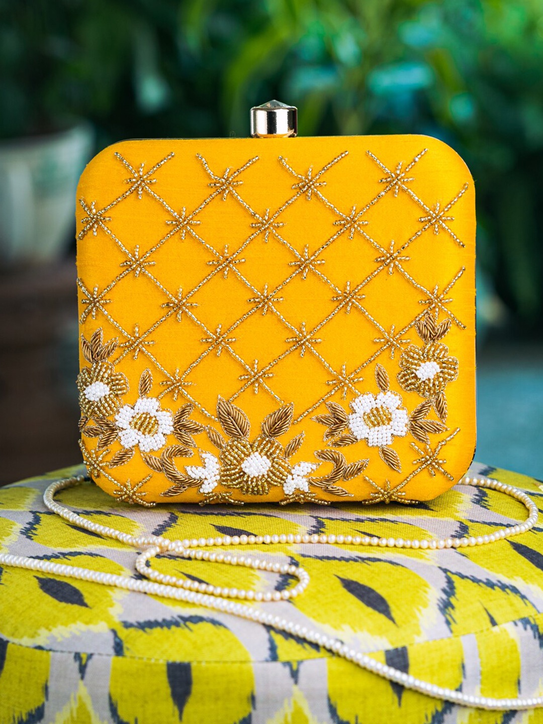 

NR By Nidhi Rathi Yellow & White Embroidered Box Clutch