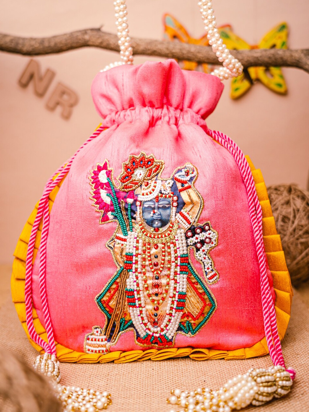 

NR By Nidhi Rathi Pink & White Embroidered Potli Clutch