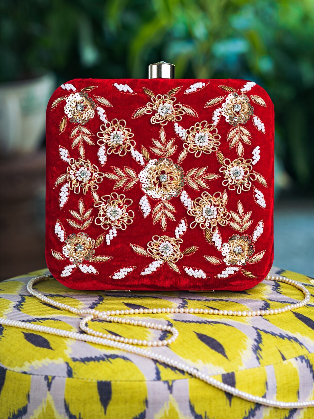 

NR By Nidhi Rathi Red & White Embroidered Box Clutch