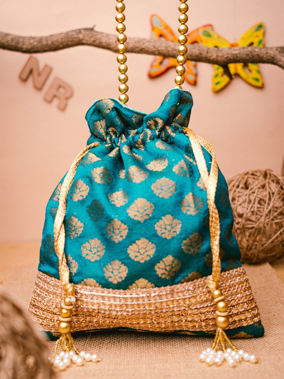 

NR By Nidhi Rathi Women Turquoise Blue & Gold-Toned Embroidered Potli Clutch