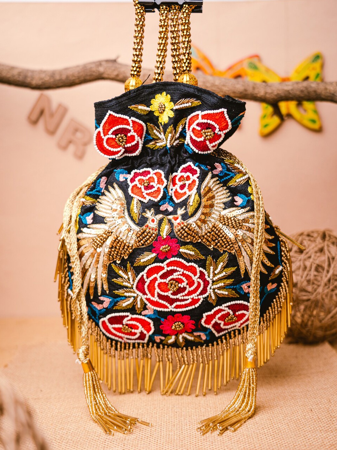 

NR By Nidhi Rathi Black & Gold-Toned Arabian Bird Embroidered Potli Clutch