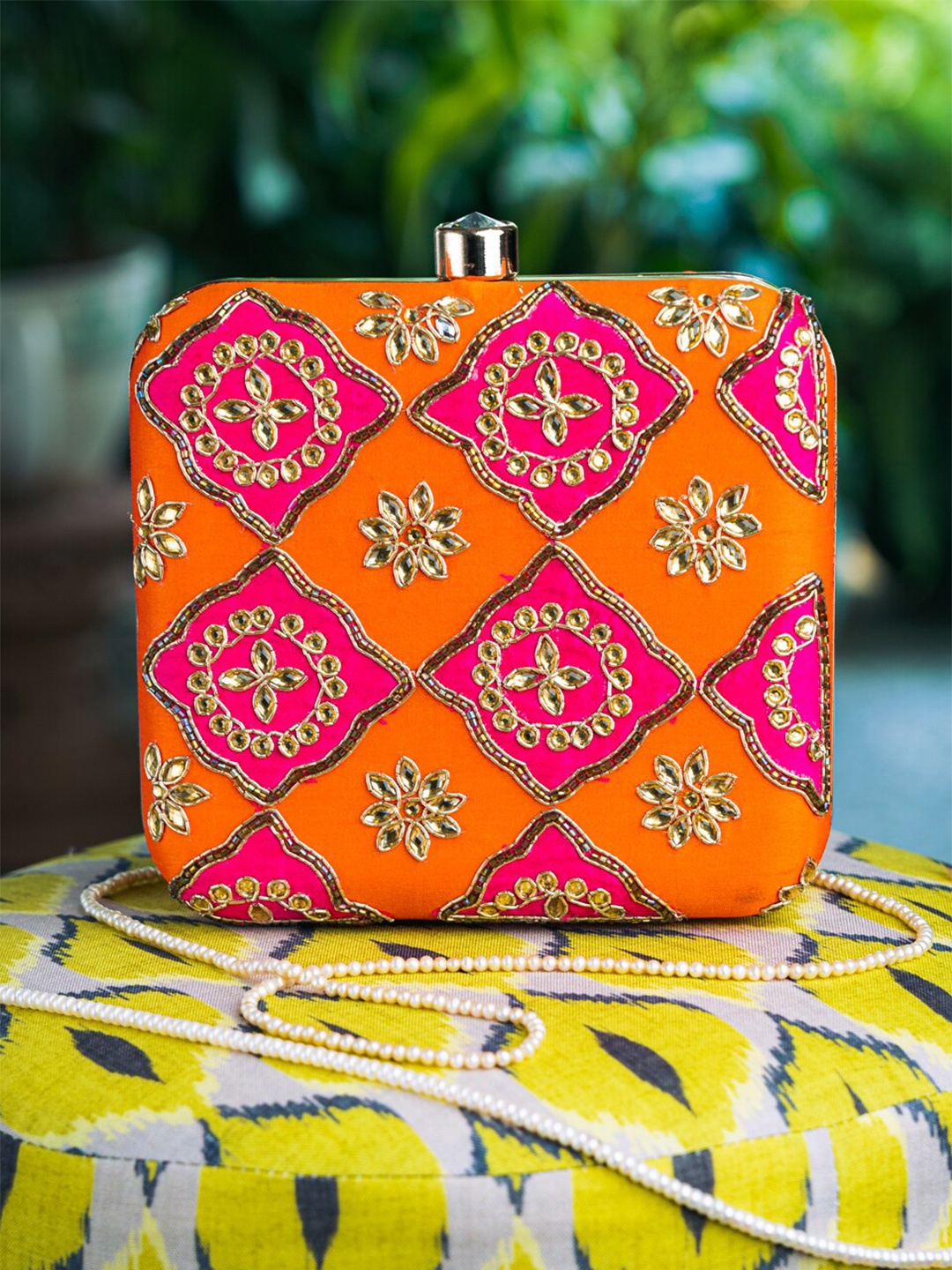 

NR By Nidhi Rathi Orange & Pink Embroidered Box Clutch