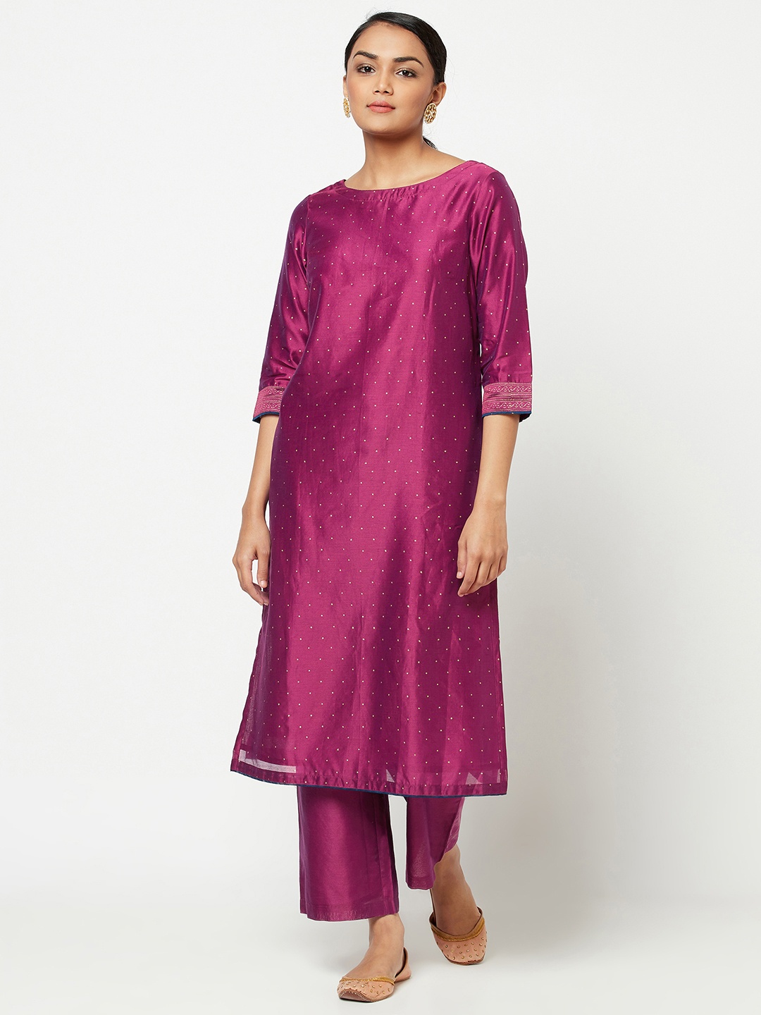 

Fabindia Women Magenta & Golden Micro Geometric Block Print Kurta with Palazzos