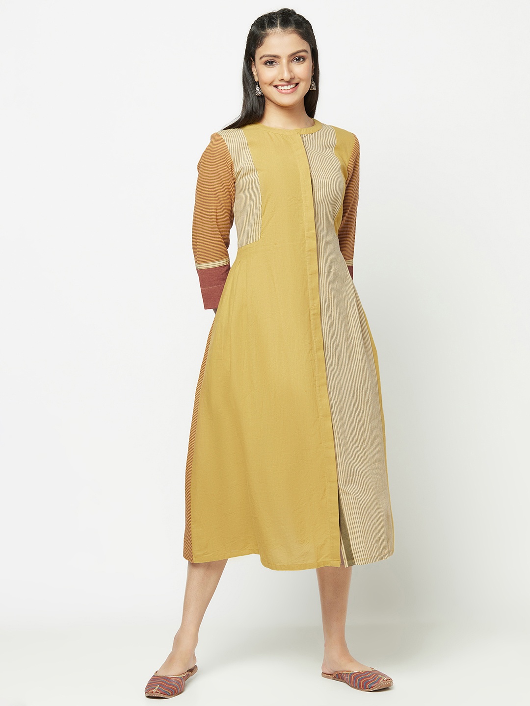 

Fabindia Mustard Yellow & Red Striped Handwoven A-Line Midi Dress