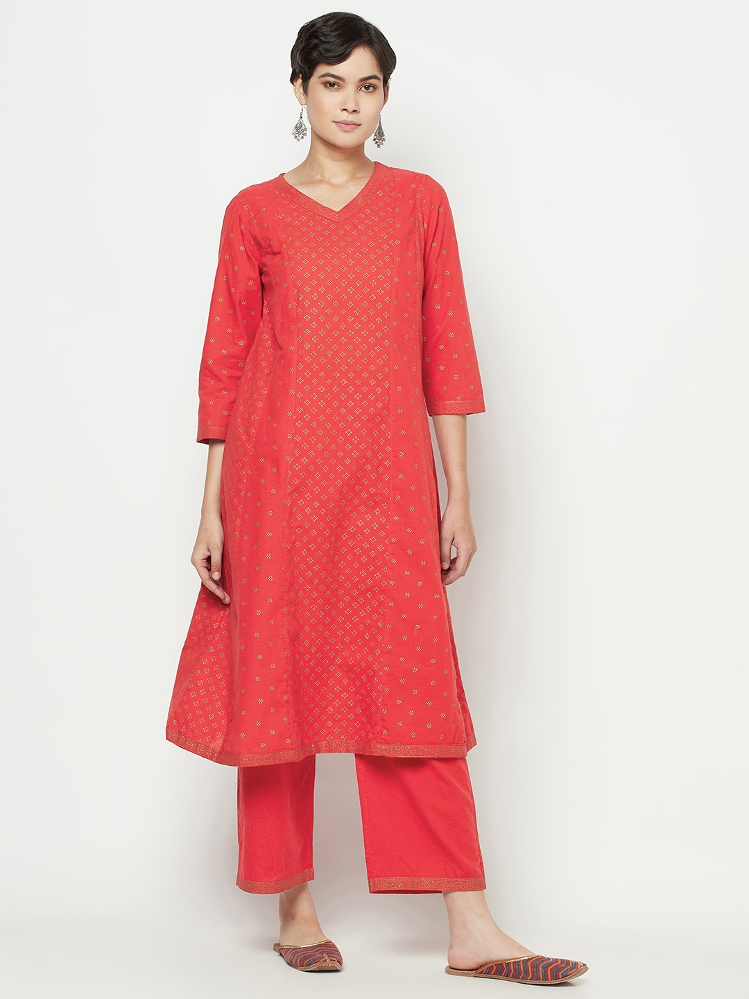 

Fabindia Women Red & Golden Abstract Print Regular Pure Cotton Kurta with Palazzos