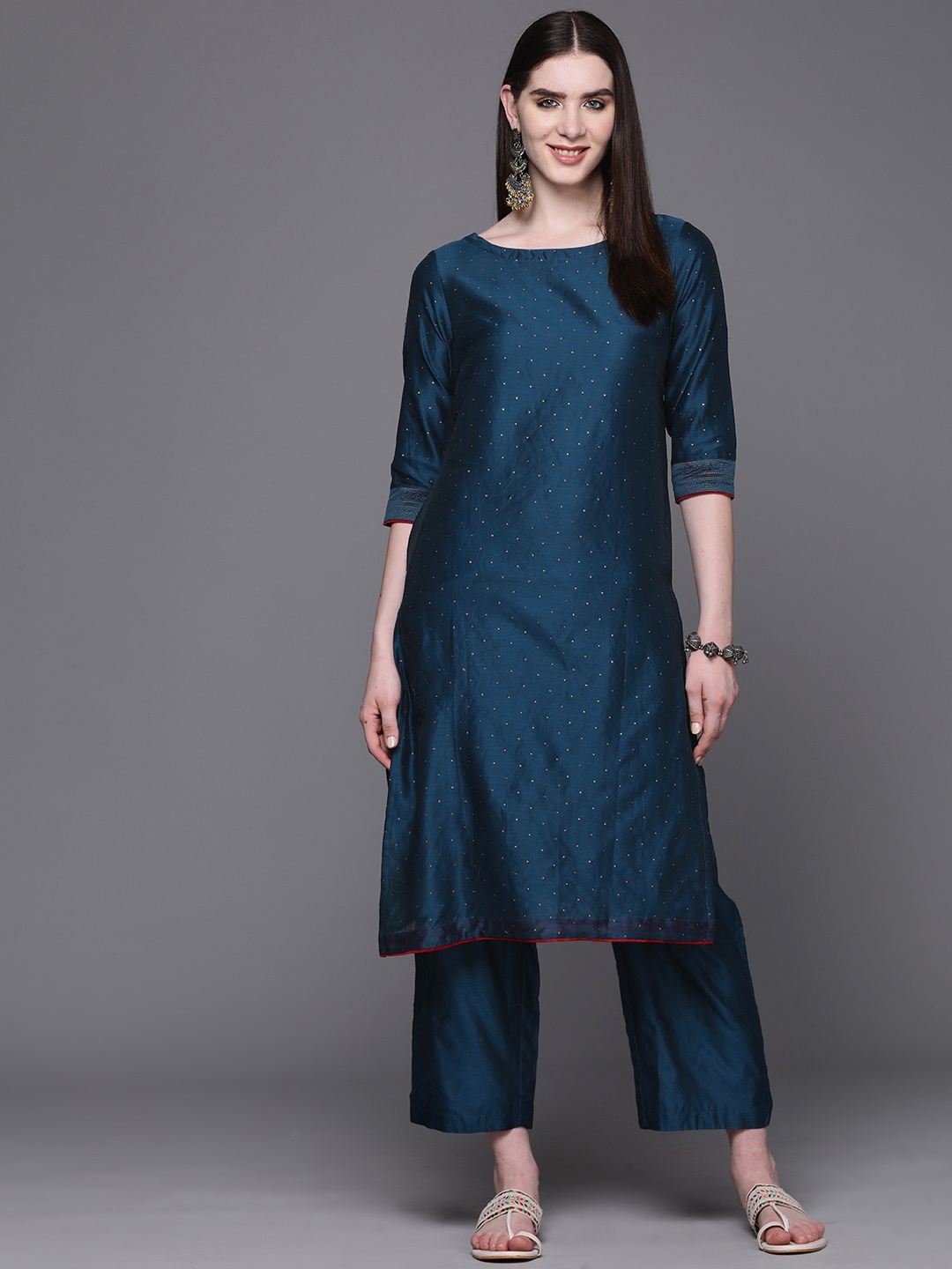

Fabindia Women Micro Geometric Block Print Regular Kurta with Palazzos, Navy blue