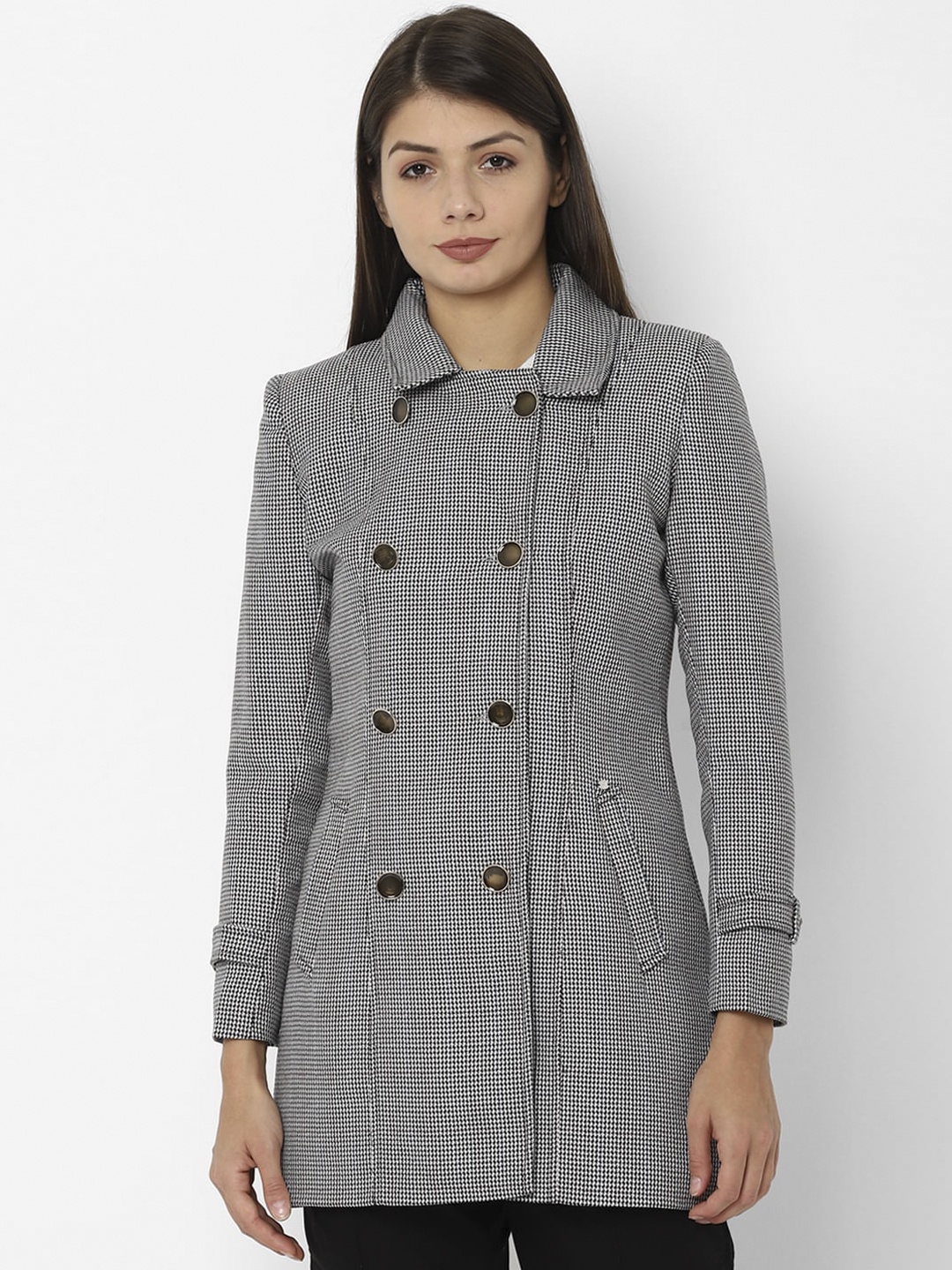 

Allen Solly Woman Women Black & White Checked Pea Coat