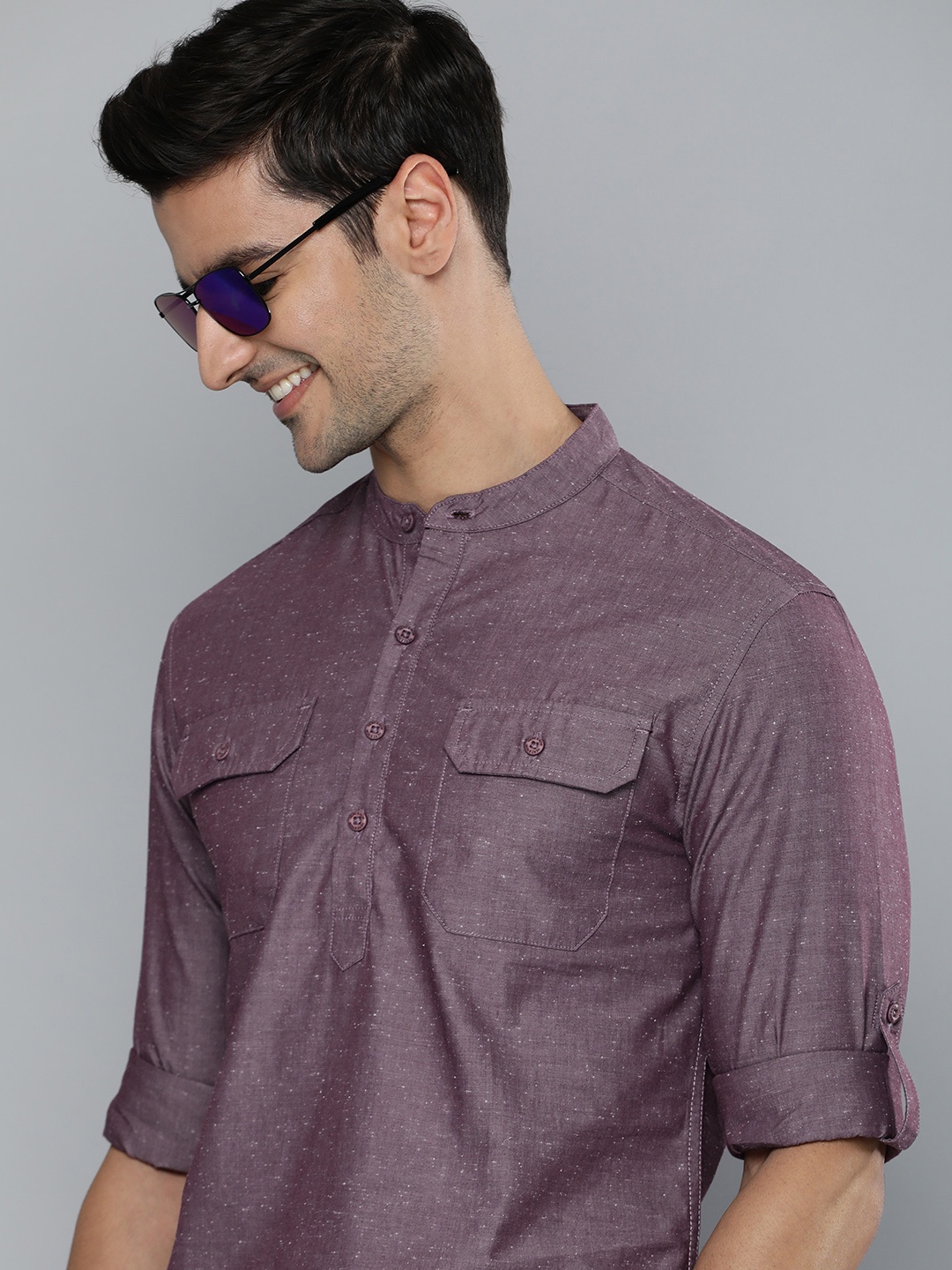 

HERE&NOW Men Purple Slim Fit Mandarin Collar Casual Shirt