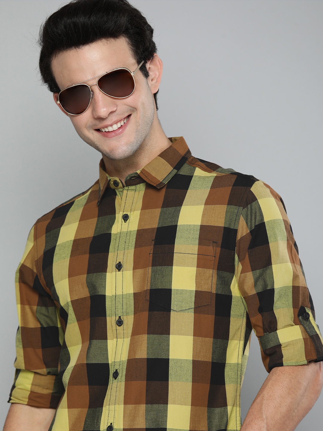 

HERE&NOW Men Yellow & Brown Slim Fit Buffalo Checked Pure Cotton Casual Shirt