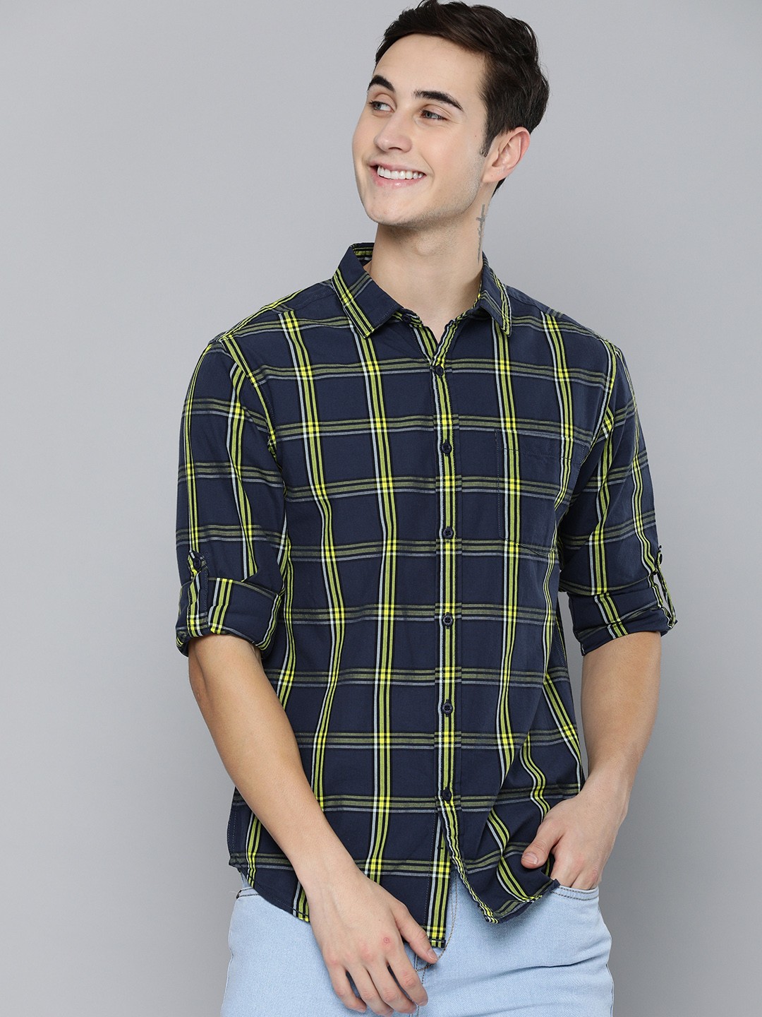 

HERE&NOW Men Navy Blue & Yellow Checked Slim Fit Pure Cotton Casual Shirt