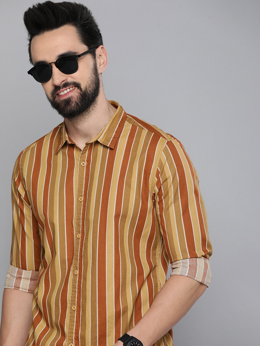 

HERE&NOW Men Mustard Pure Cotton Slim Fit Striped Casual Shirt