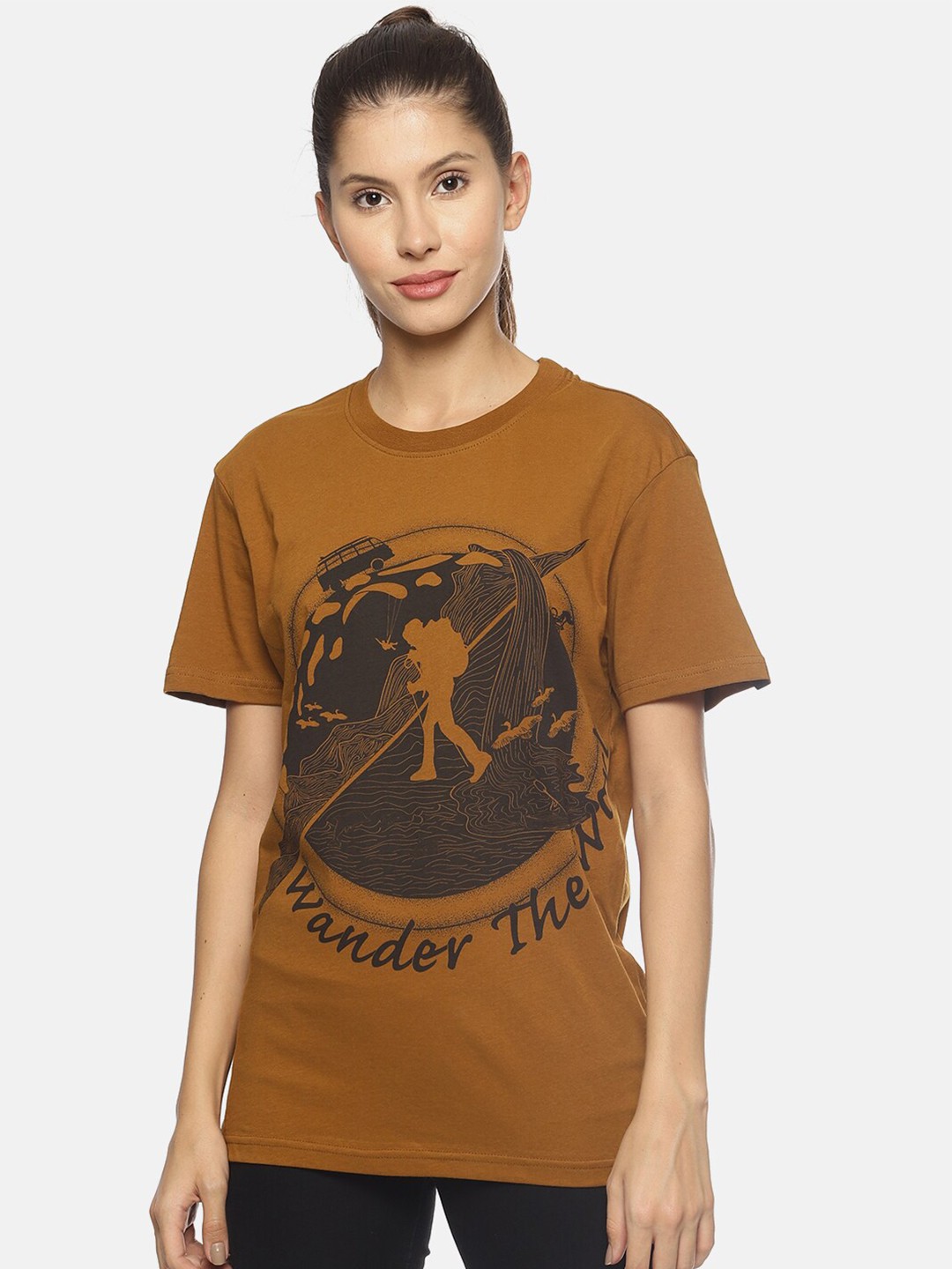 

Wolfpack Women Brown Printed Extended Sleeves T-shirt