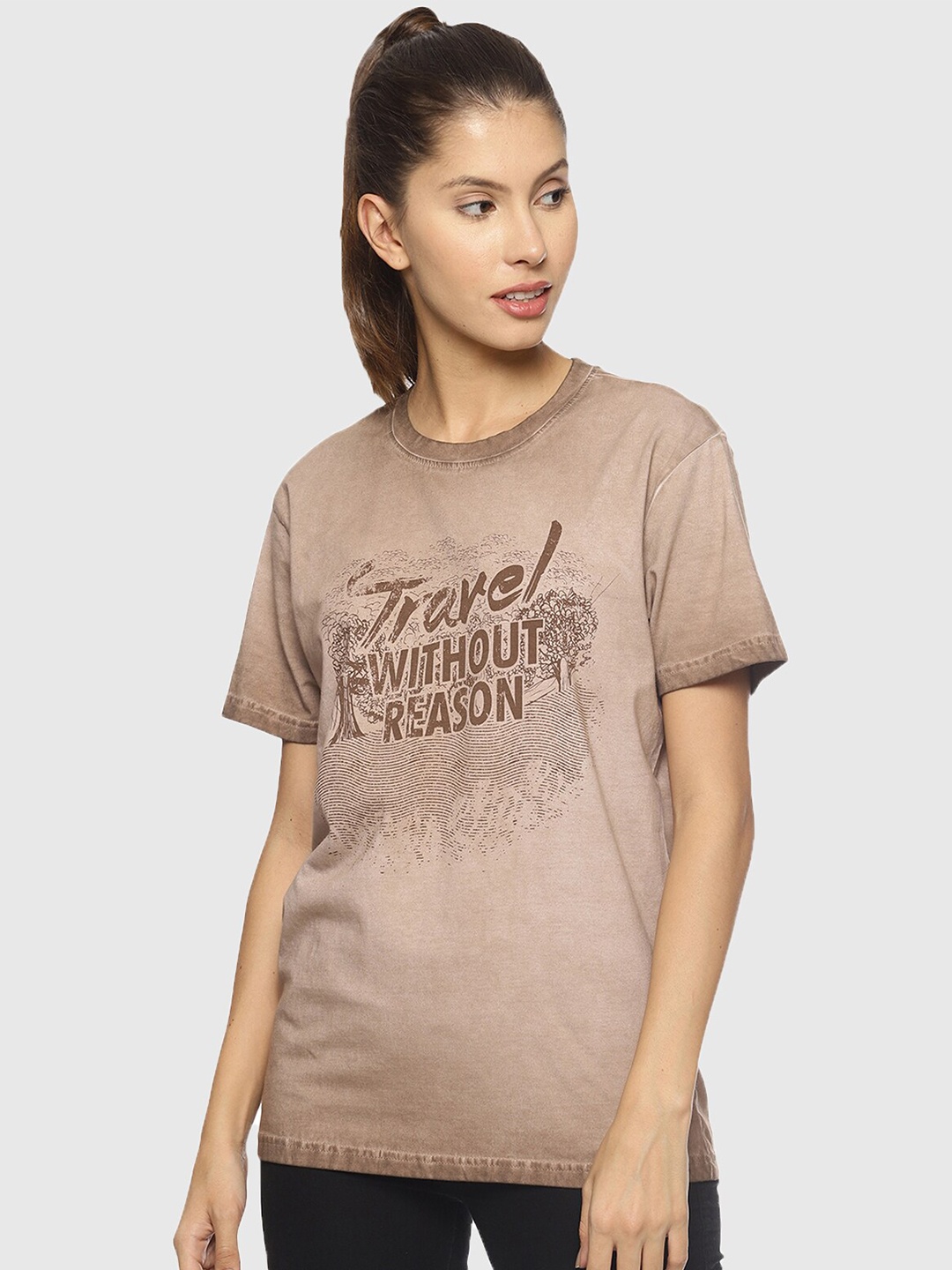 

Wolfpack Women Brown Pure Cotton Typography Printed T-shirt