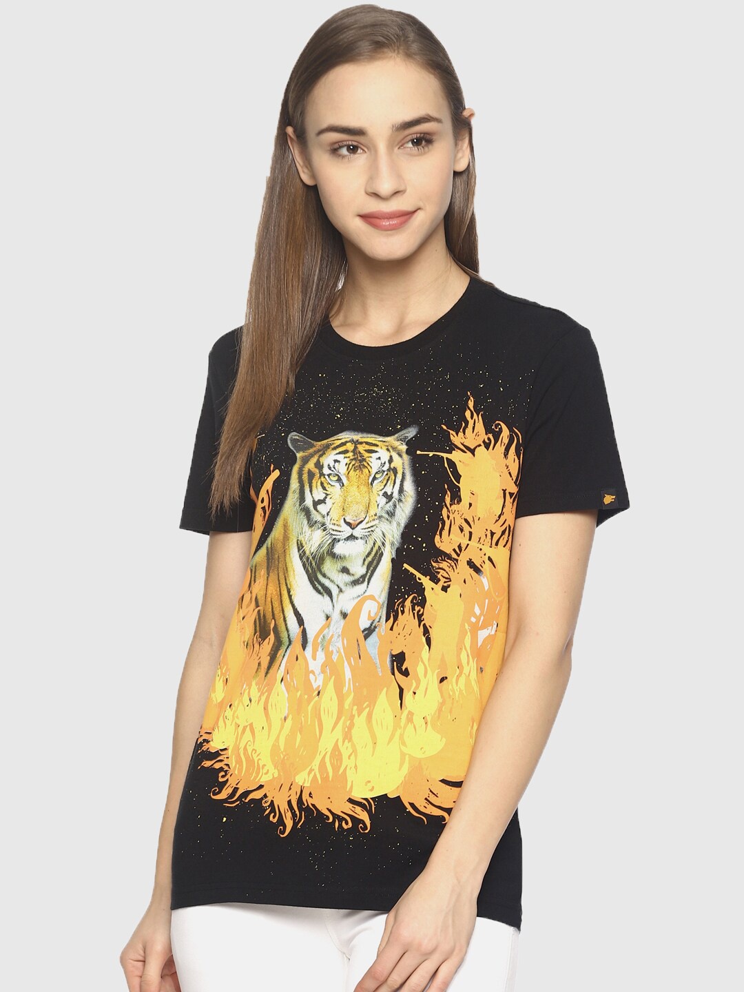 

Wolfpack Women Black & Yellow Printed Pure Cotton T-shirt
