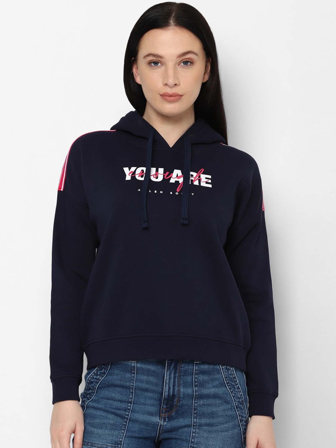 

Allen Solly Woman Women Navy Blue Printed Hooded Sweatshirt