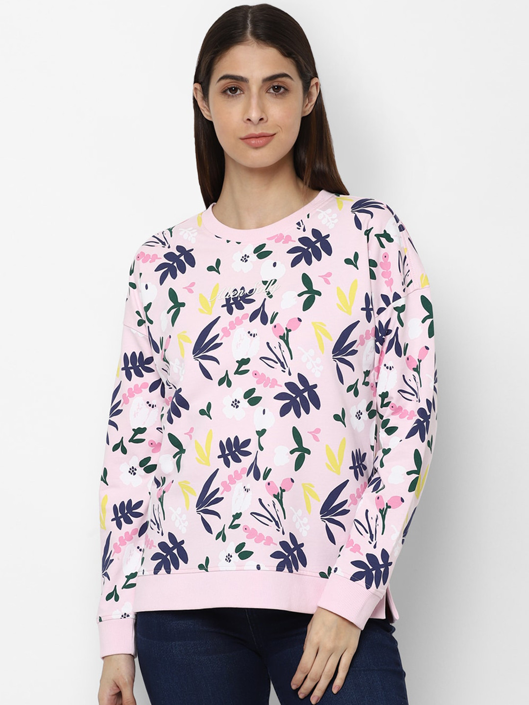 

Allen Solly Woman Women Pink & Navy Blue Floral Printed Pure Cotton Sweatshirt