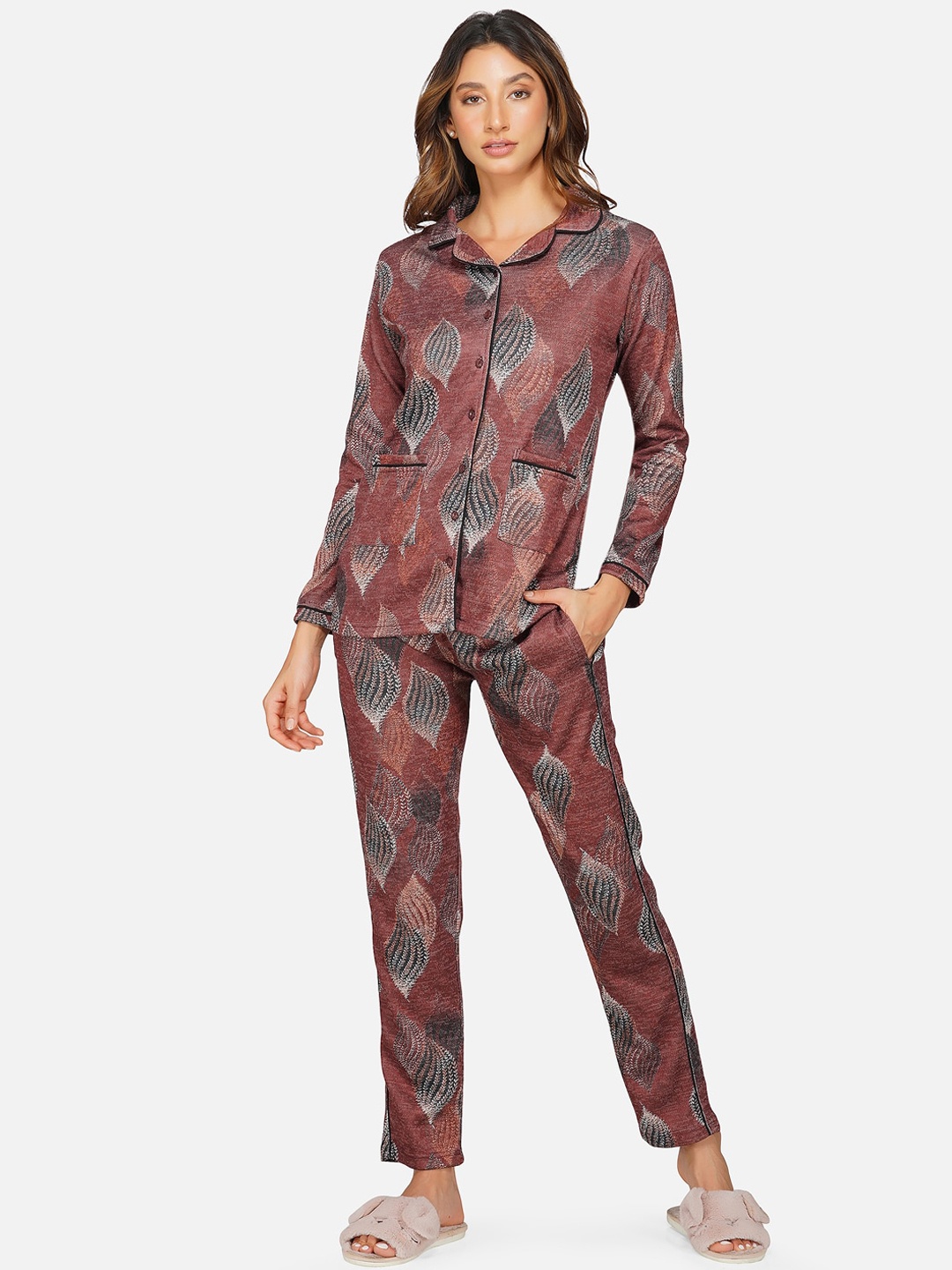 

FABNEST Women Maroon Abstract Printed Night Suit