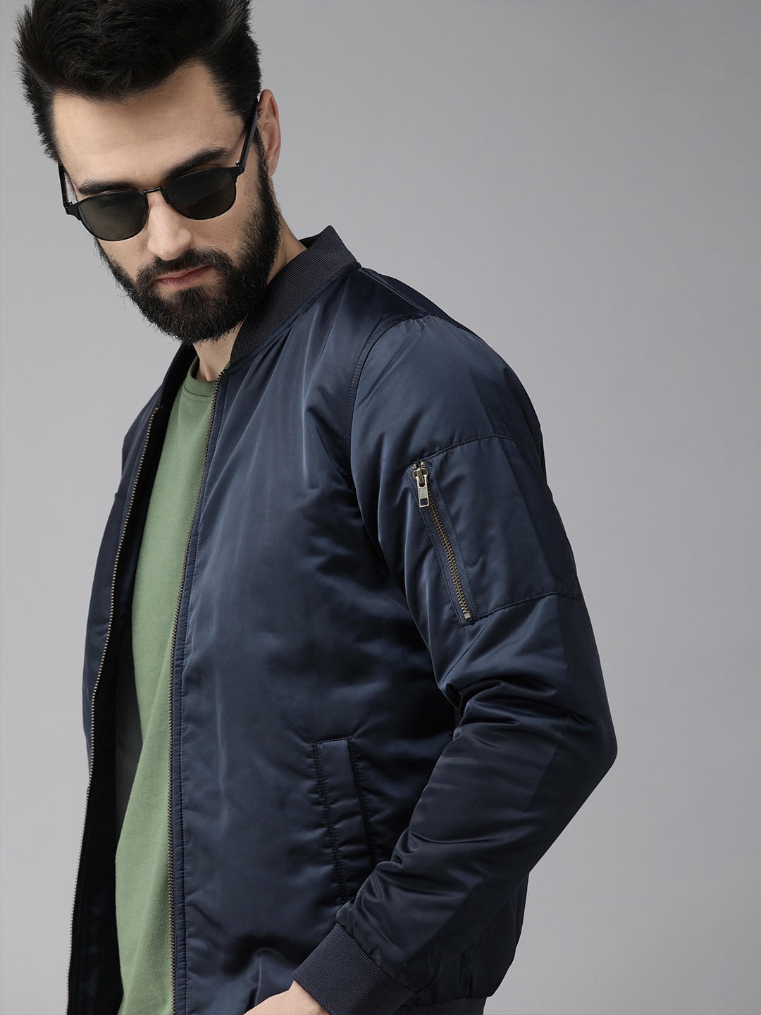 

SPYKAR Men Navy Blue Solid Mandarin-Collar Lightweight Bomber Jacket