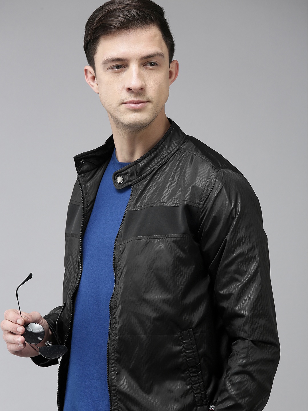 

SPYKAR Men Black Self-Design Lightweight Bomber Jacket