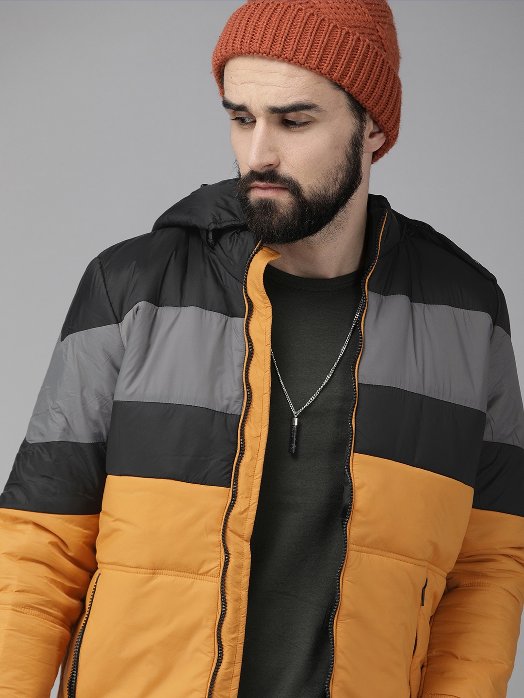 

SPYKAR Men Mustard Yellow and Grey Colourblocked Insulator Padded Jacket