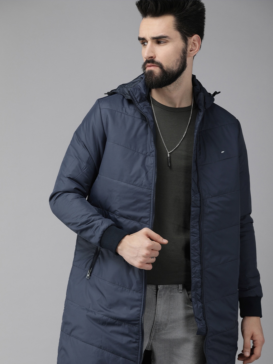 

SPYKAR Men Navy Blue Solid Lightweight Longline Padded Jacket