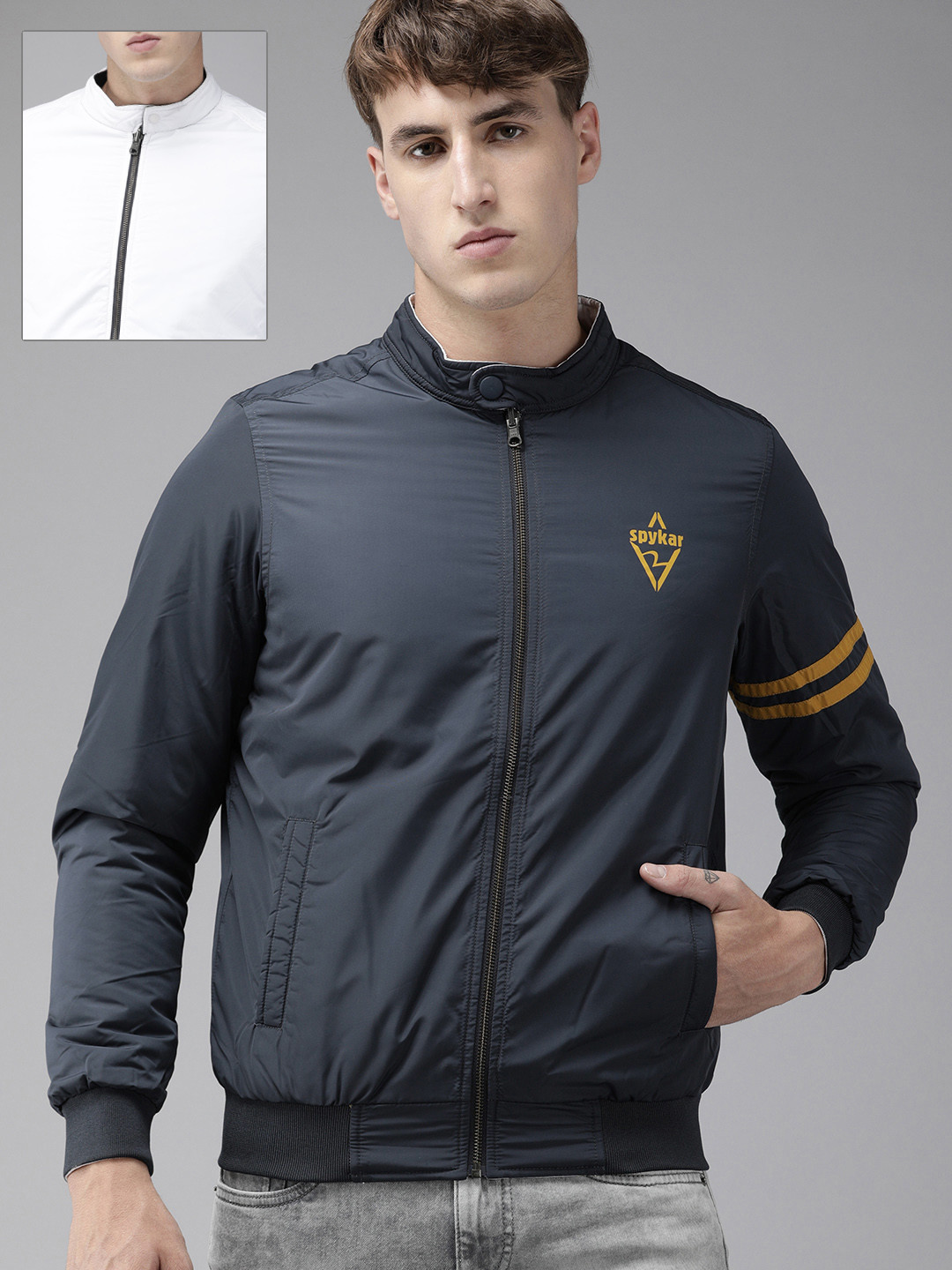 

SPYKAR Men Navy Blue Solid Lightweight Casual Bomber Jacket